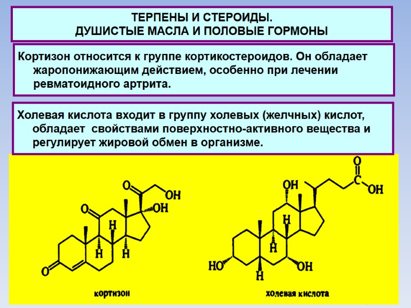 ТЕРПЕНЫ И СТЕРОИДЫ.  ДУШИСТЫЕ МАСЛА И ПОЛОВЫЕ ГОРМОНЫ Кортизон относится к группе кортикостероидов.
